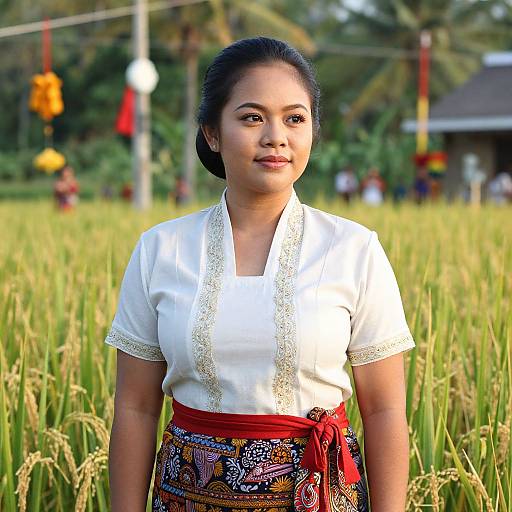 Photograph of an Asian woman with medium skin tone, black hair in a bun, wearing a white blouse with embroidered edges and a colorful, patterned