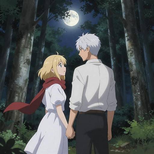 Moonlit Birch Forest — White-Haired Couple