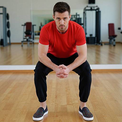 Photograph of a muscular man with short dark hair, wearing a red t-shirt, black pants, and black sneakers, squatting in a modern gym