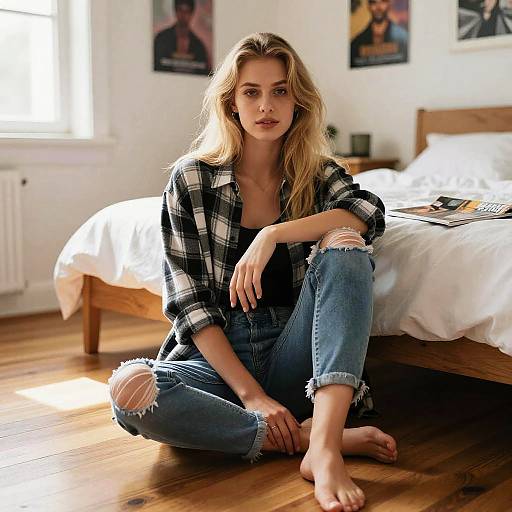 Young Woman Sitting on Bedroom Floor