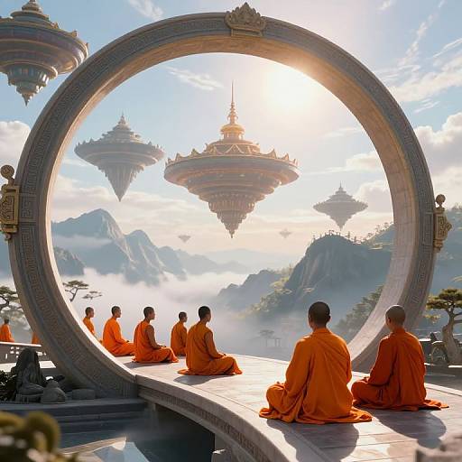 Digital artwork: Buddhist monks in orange robes sit on a circular stone platform, overlooking floating temple islands in a misty, mountainous landscape. Sunlight