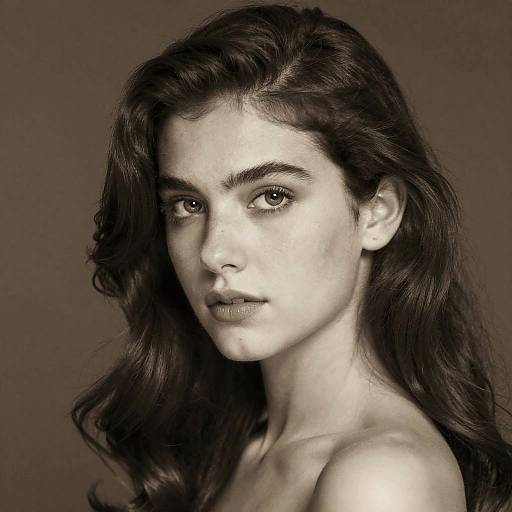 Black-and-white portrait photograph of a young woman with long, wavy dark hair, intense gaze, and soft features, set against a plain brown background