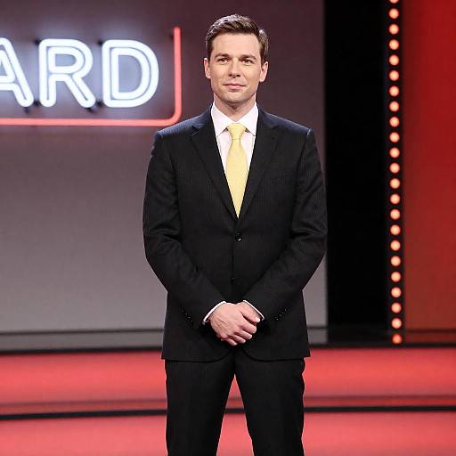 Man in Pinstripe Suit on Red Stage