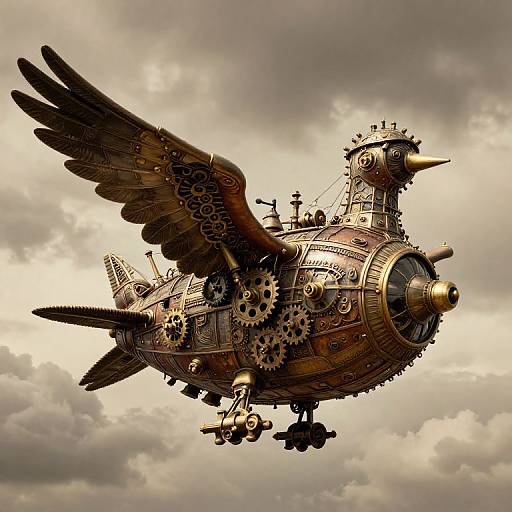 Steampunk bird aircraft with brass gears, copper pipes, and wings, flying against a cloudy sky. Detailed, mechanical design. Digital art.