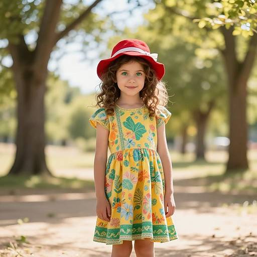 Photograph of a young girl with curly brown hair, wearing a red sunhat and yellow floral dress, standing in a sunlit, tree-lined park