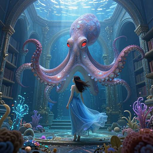 Digital fantasy art: A woman in a flowing blue dress faces a towering, glowing pink octopus with red eyes in an underwater, ancient library filled with
