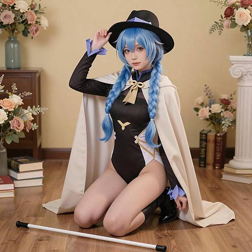 Young Woman in Cosplay with Books