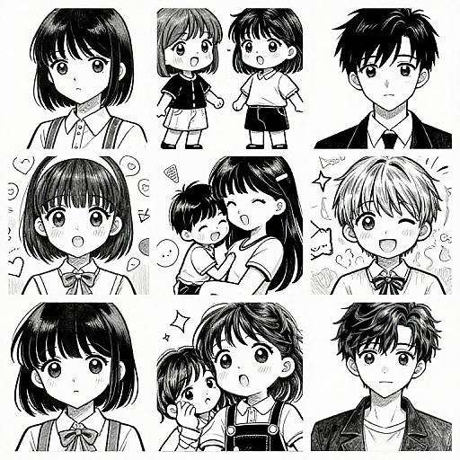 Black-and-white manga-style illustration featuring twelve characters: six girls and six boys, with various expressions, hairstyles, and school uniforms.