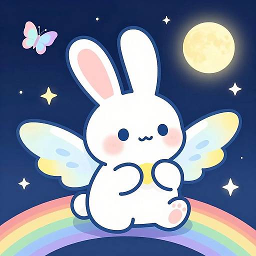 Cute digital drawing of a white bunny with pink ears and wings, blushing, sitting on a rainbow under a glowing moon and butterfly in a star
