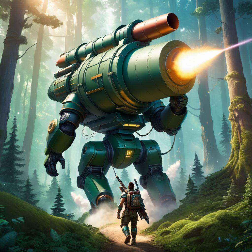 Mythical Hero with Rocket Launcher in Forest