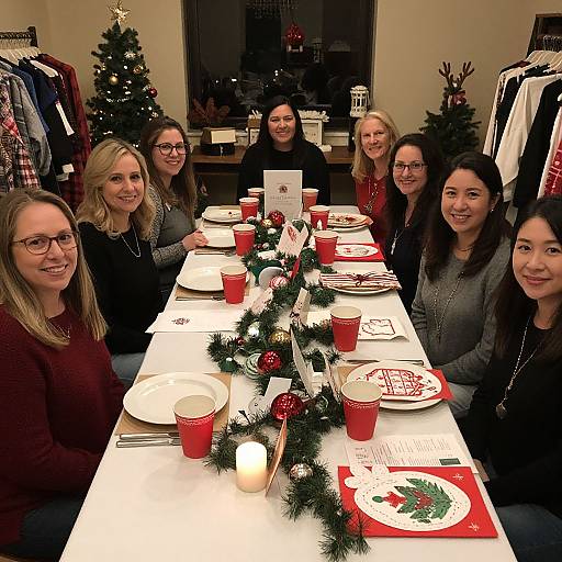 Photograph of eight women, diverse in age and ethnicity, sitting around a Christmas-decorated table with red cups, white plates, and a gar