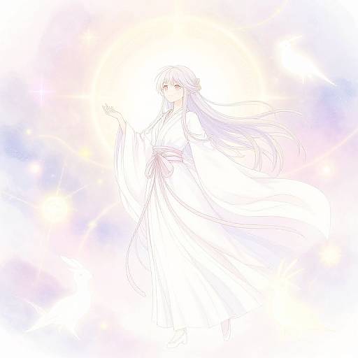 Digital line art of a slender, ethereal figure with long flowing hair, reaching out, set against a bright, white background with faint pastel colors
