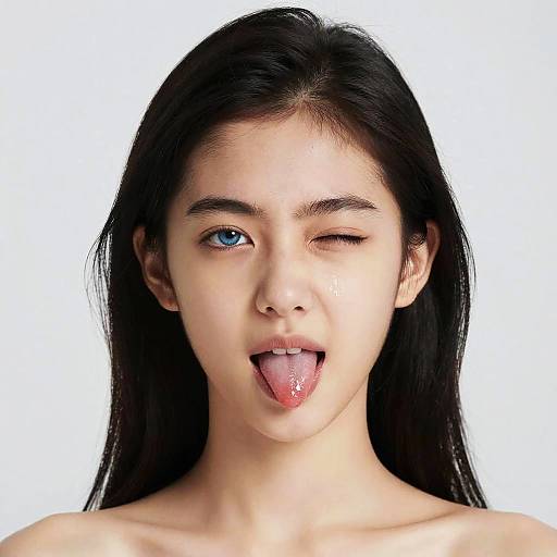Photograph of a young Asian woman with long black hair, winking and sticking out her tongue, revealing a small silver tongue piercing, against a plain