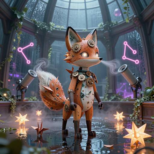 Whimsical Clockwork Fox in Dreamy Scene
