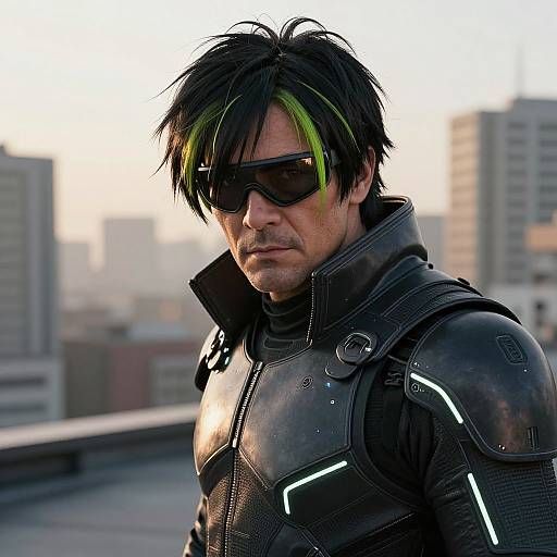 Photograph of a rugged, middle-aged man with messy black hair, green highlights, and dark sunglasses, wearing a black, armored, futuristic suit,