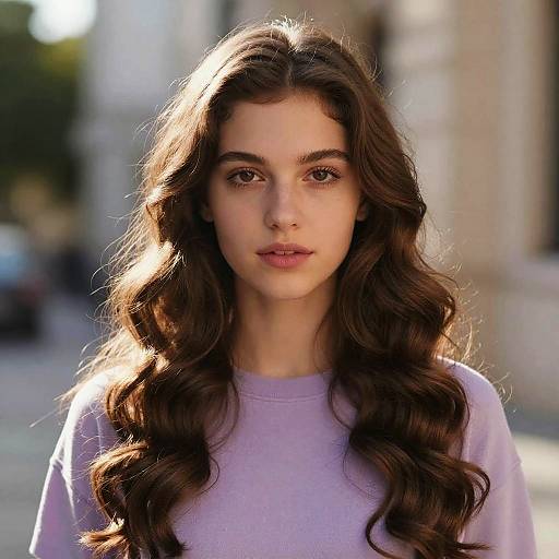 Photograph of a young woman with long, wavy brown hair, wearing a light purple sweater, standing outdoors in sunlight. Blurred background with buildings