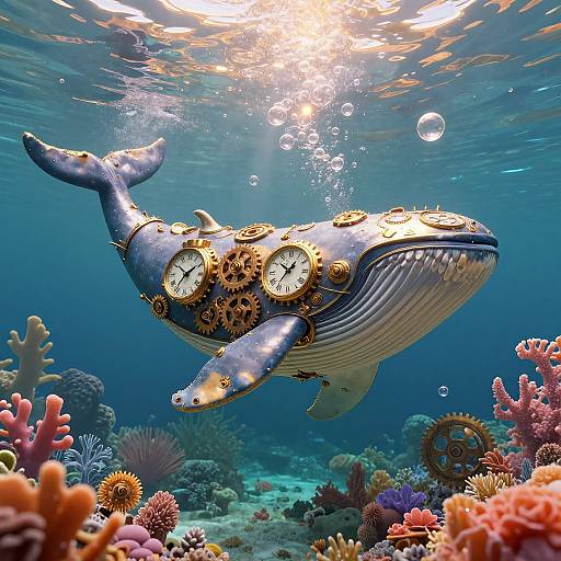 Photograph of a steampunk-styled blue whale with clock gears on its body, swimming underwater amidst colorful coral reefs and sunlit bubbles.