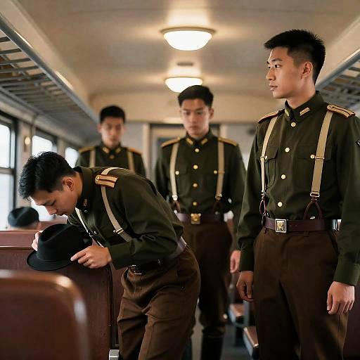 Military Men in Vintage Train Carriage