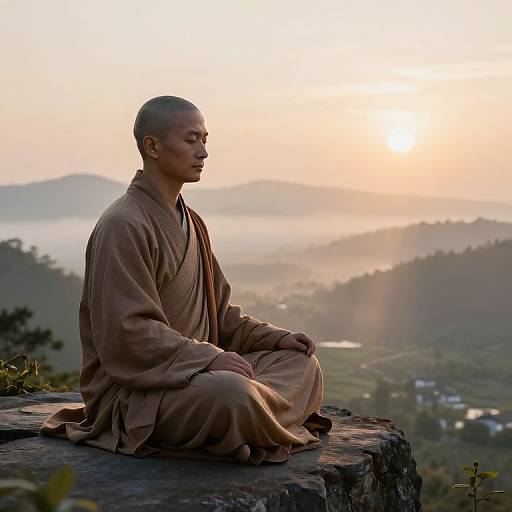 Ancient Monk Meditating at Sunrise