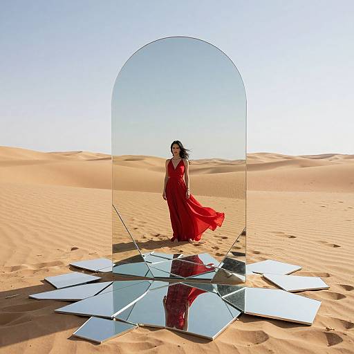 Photograph of a woman in a flowing red dress standing in a desert, reflected in a large, arched mirror surrounded by broken mirror pieces, under