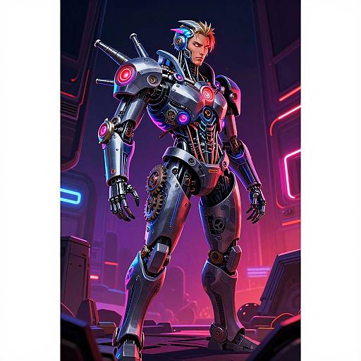 Digital art of a muscular, blonde, blue-eyed man in a futuristic, cybernetic suit with glowing red and blue accents in a neon-lit