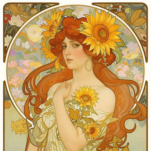 Digital art of a fair-skinned woman with long red hair, wearing a sunflower crown and dress, holding sunflowers, surrounded by floral patterns.