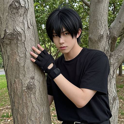 Photograph of an East Asian young man with black hair, black t-shirt, and fingerless gloves, leaning against a tree in a park.