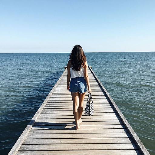 Photograph of a woman with long brown hair, wearing a white sleeveless top and blue denim shorts, walking barefoot on a wooden pier into a