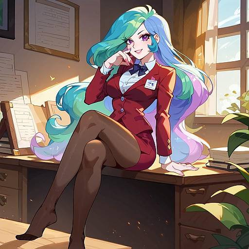 Anime Style Female Office Character Sitting on Desk