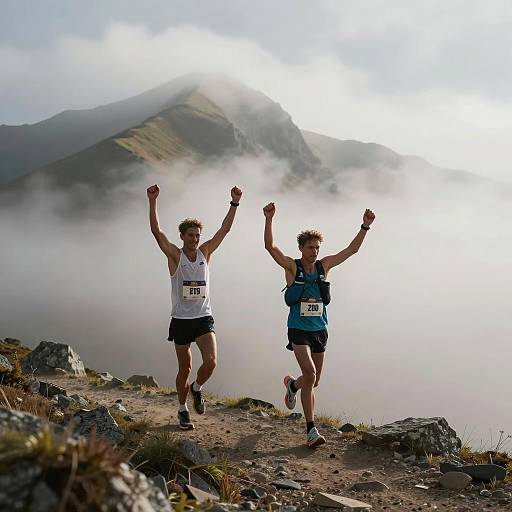 Victorious Marathon Runners on Alpine Ridge