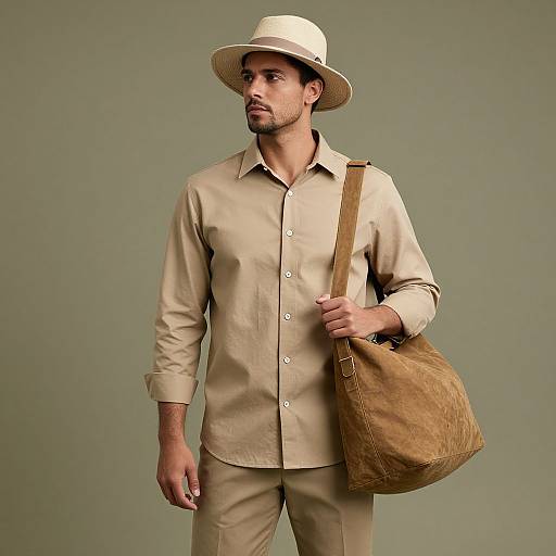 Photograph of a handsome man with light skin, wearing a beige hat, button-up shirt, and khaki pants, carrying a tan leather bag against