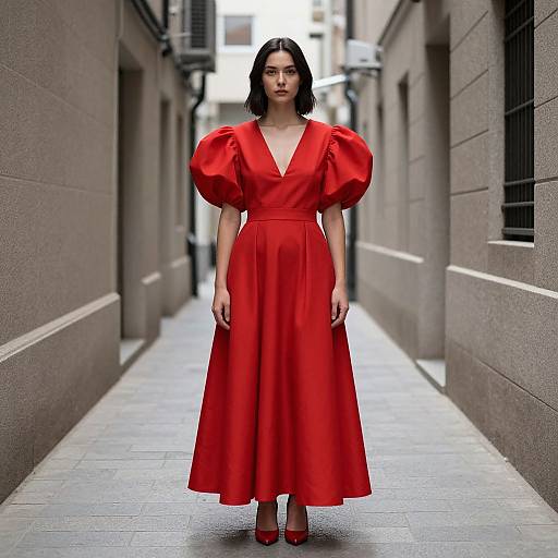 Photograph of a woman with black hair in a vibrant red, puffy-sleeve, V-neck, floor-length dress, standing in a narrow
