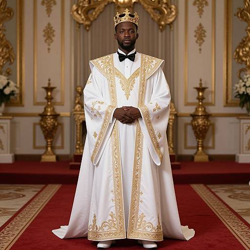 Photograph of a dark-skinned African man in ornate white and gold royal bishop's robe and crown, standing in an opulent, gold-de