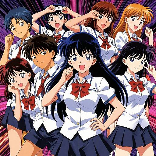 Anime-style digital drawing of seven schoolgirls in white shirts and navy skirts, posing energetically against a dynamic purple and black background.