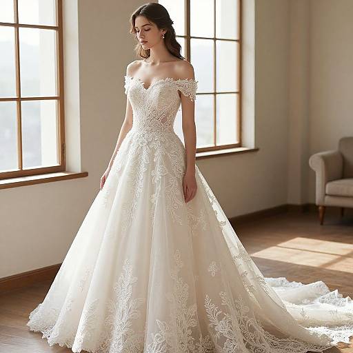 Photograph of a fair-skinned woman with dark hair in an off-shoulder, white lace wedding gown with a full skirt, standing in a