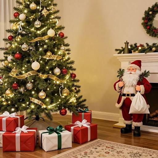 Photograph of a decorated Christmas tree with red and gold ornaments, Santa figurine holding sack, and wrapped gifts in front of a white fireplace. Warm