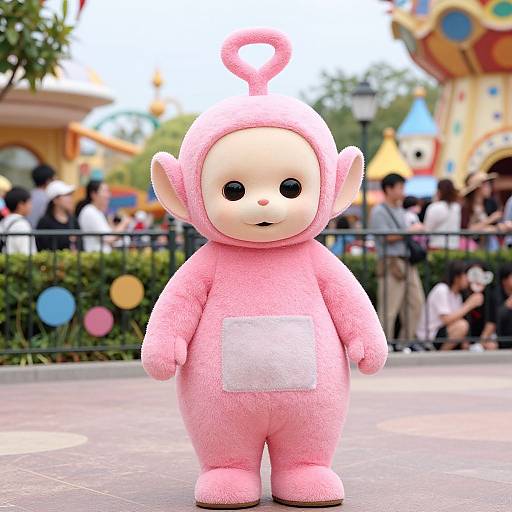 Photograph of a plush pink creature with a round head, small black eyes, and a white chest patch, standing in a colorful, busy theme park