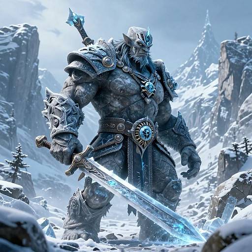 Digital artwork of a muscular, armored, wolf-headed warrior with glowing blue sword in snowy mountain landscape, wearing ornate metal armor.