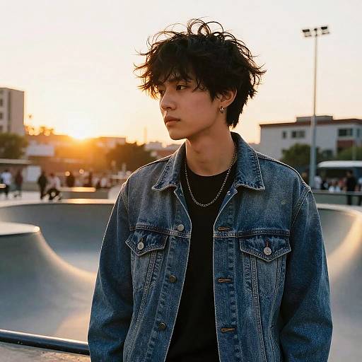 Photograph of an Asian man with messy black hair, wearing a denim jacket and black shirt, standing at a skate park during sunset.