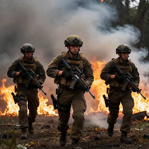 Soldiers Running Through Forest Fire