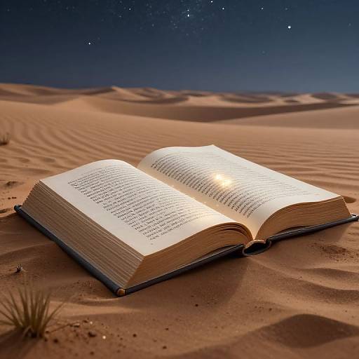 Photograph: Open book with illuminated text resting on golden desert sand dunes under a starry, deep blue night sky.
