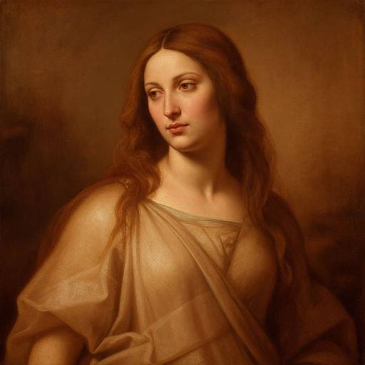 Classical painting of a fair-skinned woman with long, wavy brown hair, wearing a beige, loosely draped garment, against a warm brown background