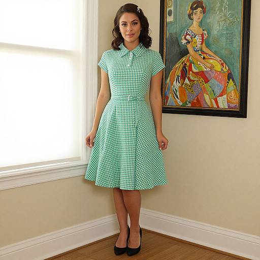 Photograph of a woman with wavy brown hair, wearing a mint green checkered dress and black heels, standing in front of a colorful, framed