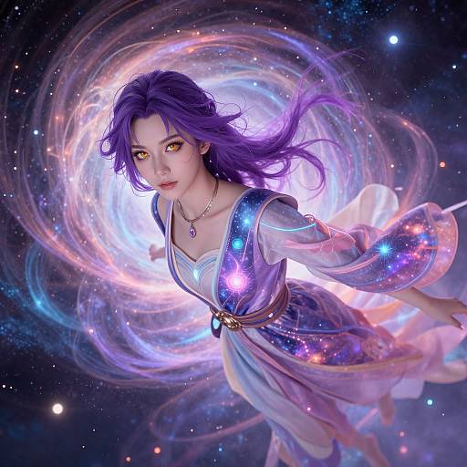 Digital artwork of a beautiful, ethereal woman with purple hair and glowing yellow eyes, wearing a cosmic, glowing dress, floating in a swirling, star