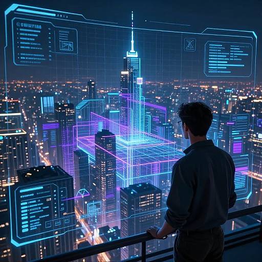 Digital artwork: Man in dark jacket gazes at neon-lit, futuristic cityscape from rooftop, overlaid with holographic blue grids and data screens