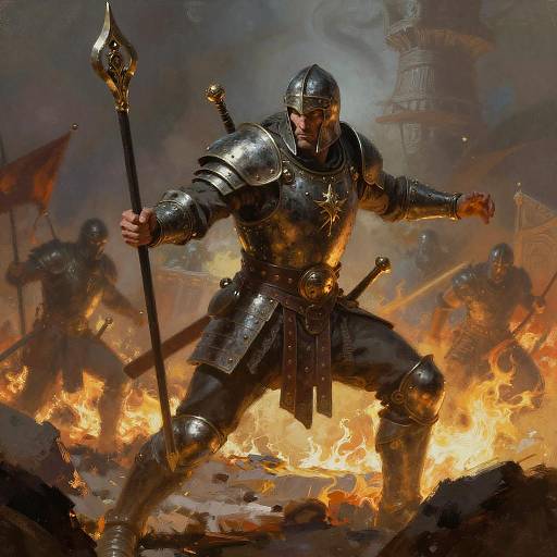 Ancient Armored Warrior in Fiery Battleground