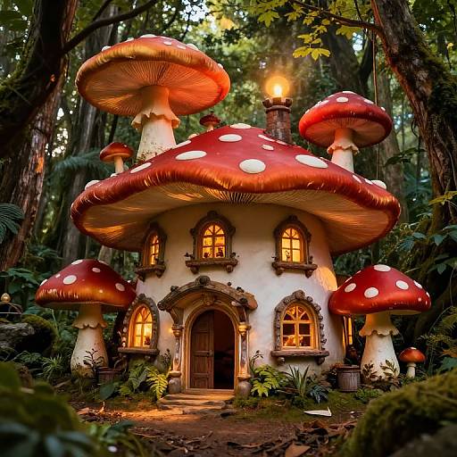 Photograph of a whimsical, fairytale-style mushroom house with red and white-spotted caps, lit windows, and a glowing chimney, nestled