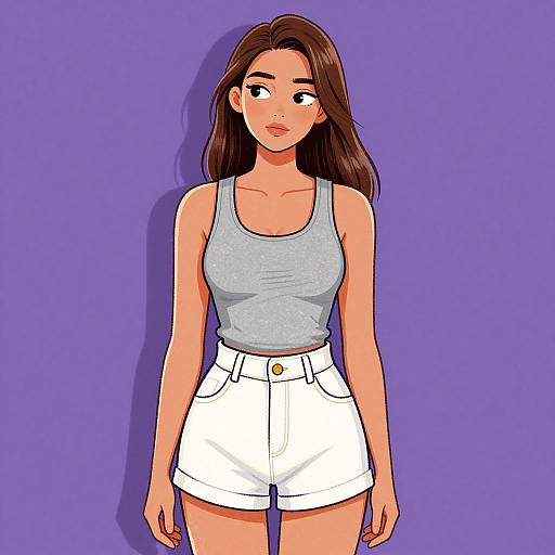 Digital drawing of a young woman with long brown hair, wearing a gray tank top and white high-waisted shorts, standing against a solid purple background