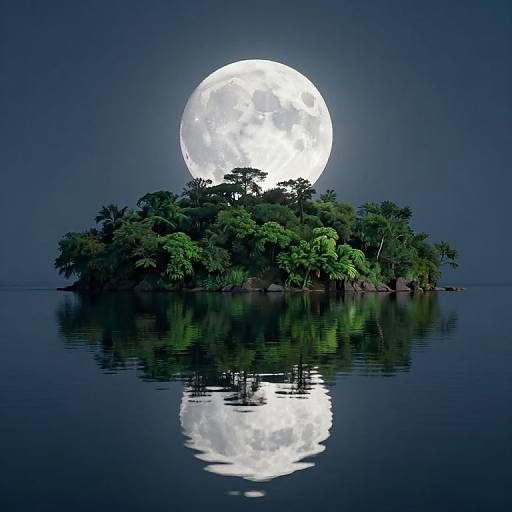 Photograph of a small, lush island with dense green trees reflected in a calm, dark blue lake, under a bright, full moon.