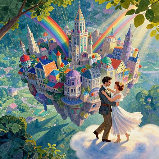 Fantastical digital painting of a couple dancing on a cloud, beneath a floating rainbow-tinted castle with colorful rooftops, surrounded by lush green